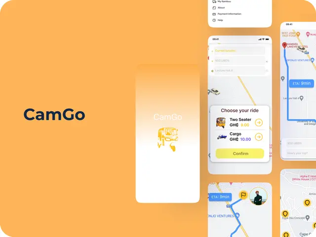 CamGo app screens showing a map-based booking flow on an orange background