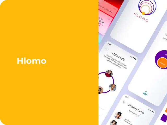 Hlomo emergency app screens showing an emergency circle of contacts on a yellow background