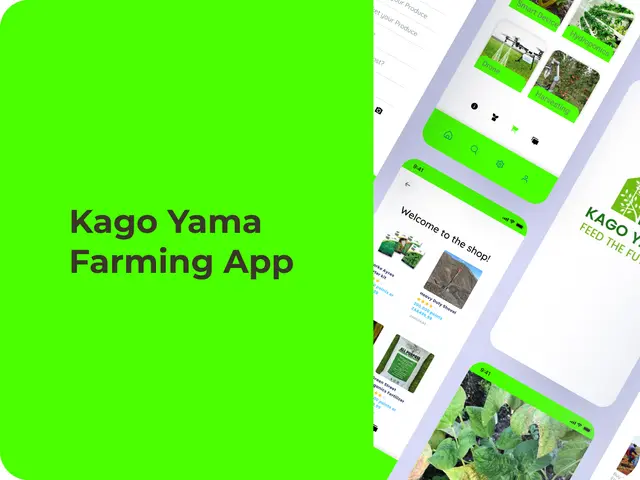 Kago Yama farming app screens showing crop photos and a welcome screen on a bright green background