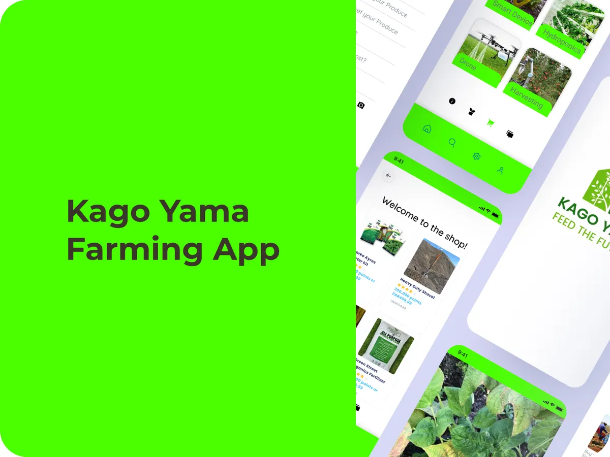 Kago Yama farming app screens showing crop photos and a welcome screen on a bright green background