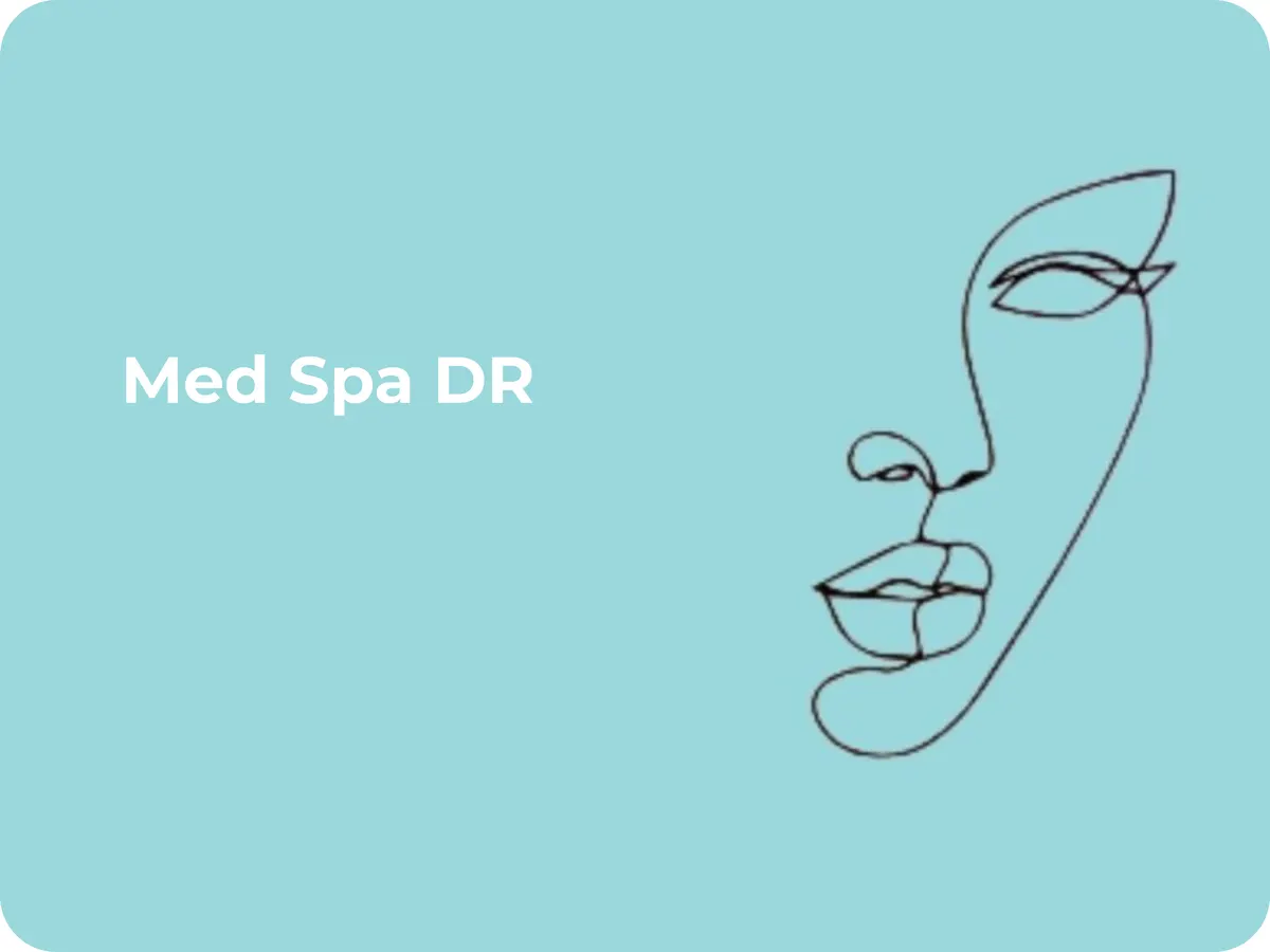 Med Spa DR line-drawing face logo on a pale teal background