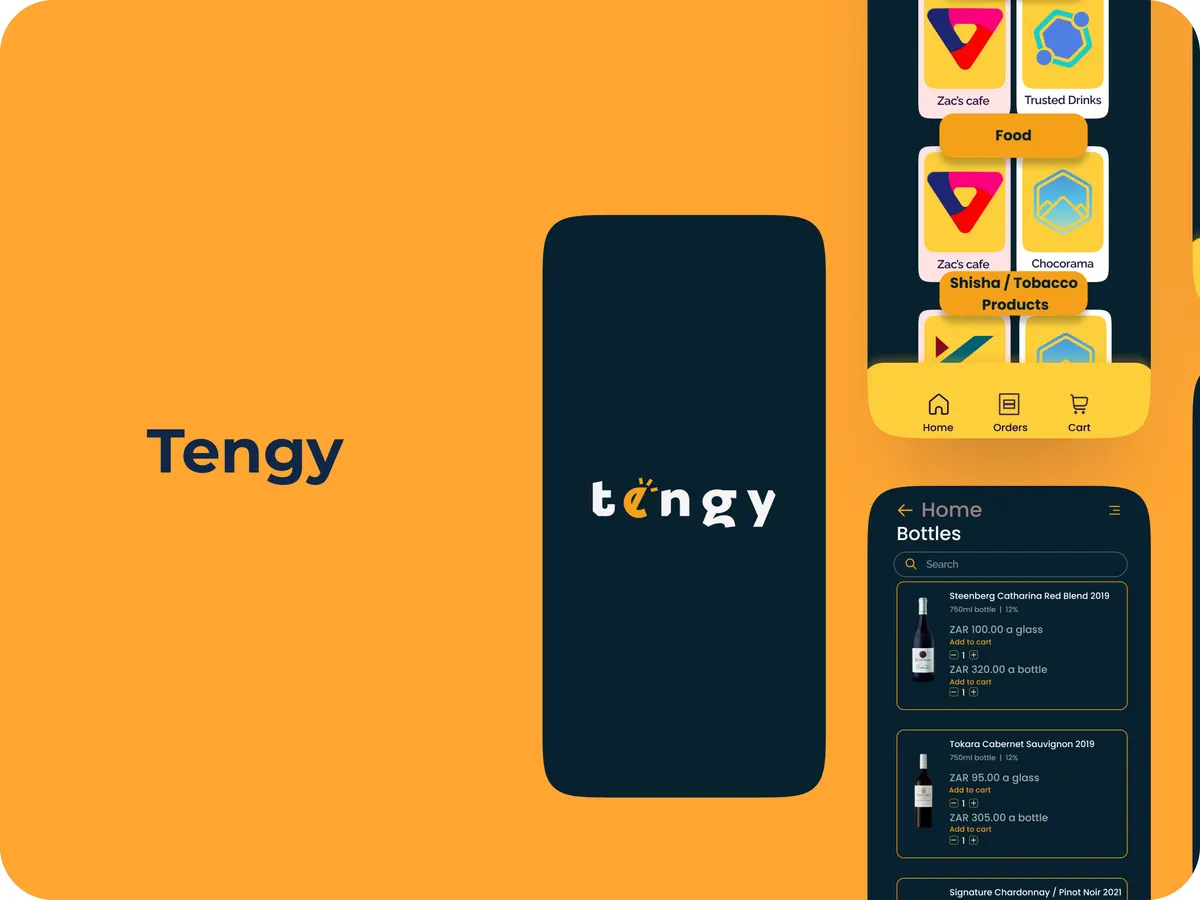 Tengy event catering app screens showing vendor menus and order tracking on an orange background